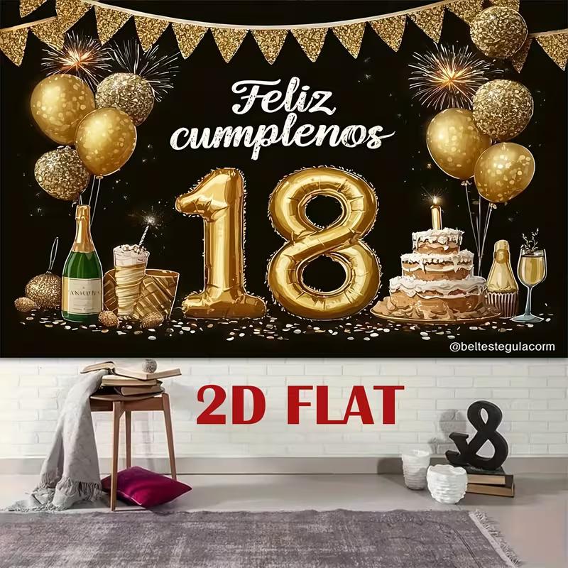 2D Black Gold 18th Birthday Photography Backdrop with Feliz Cumpleaños