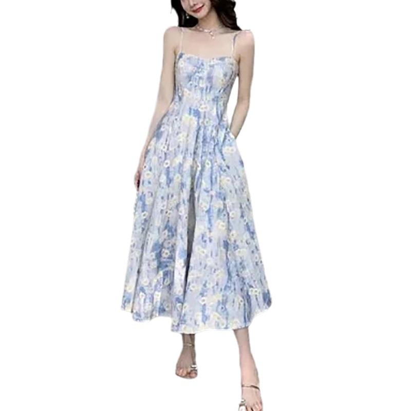 Длинное платье, летнее новое пляжное платье, цветочное платье на подтяжках, женская юбка французского темперамента высокого класса