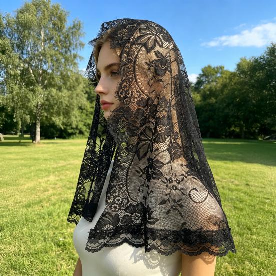 Кружевная фата, Короткая фата с драпировкой сзади, Сетчатая кружевная отделка, Ретро стиль, Свадебный головной платок, для Церкви, Готической, Хэллоуинской вечеринки
