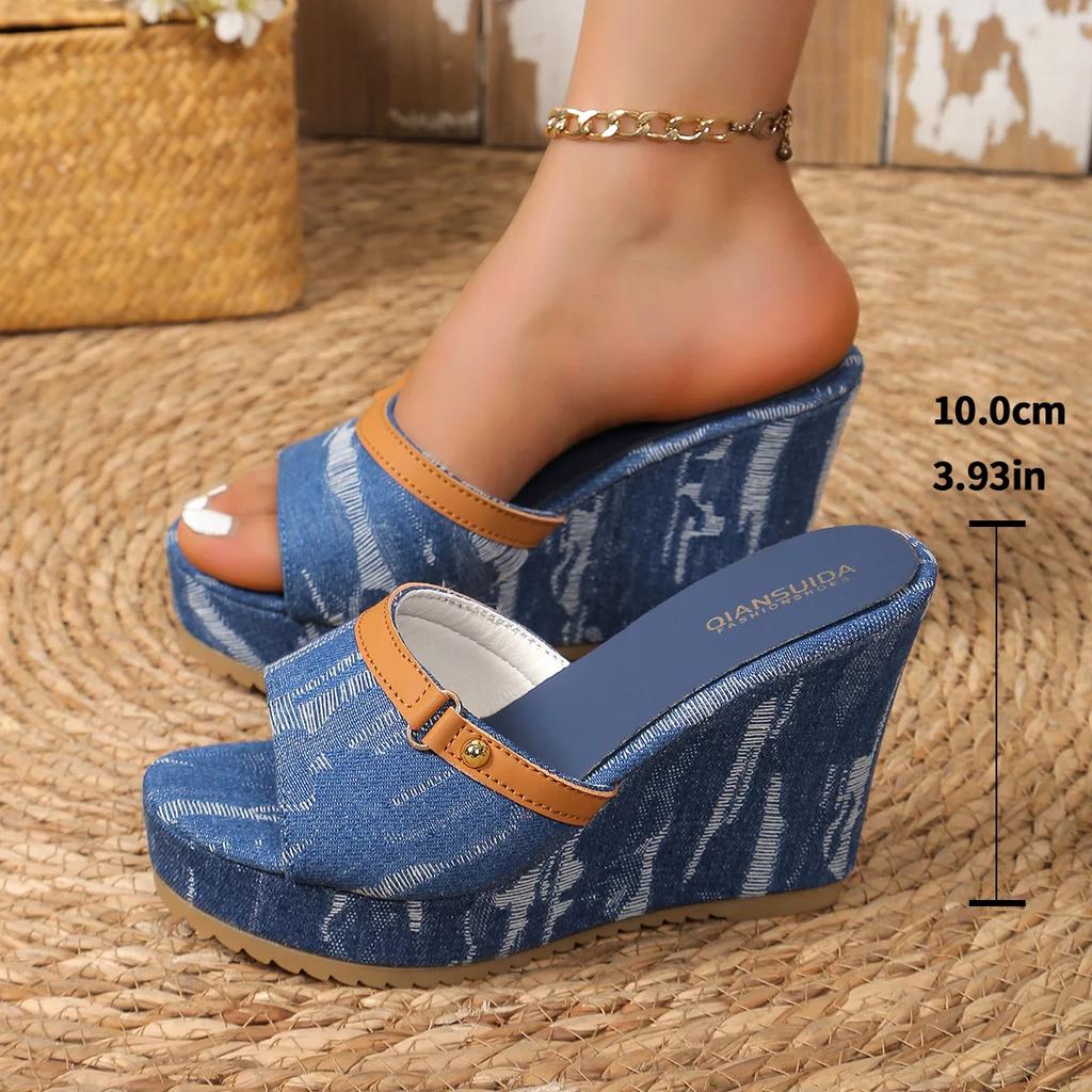 2024 Summer New Cowboy Slippers Women Fashion Retro Wedge Platform Beach Shoes Female Peep High Heels Sandalias Mules 35-42