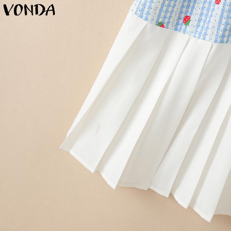 VONDA Women Lapel Neck Short Sleeve Plaid Print Patchwork Ruffled Mini Dress