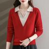 Fake Two Piece Knitted Sweater Women Fashion Lapel All Match V Neck Autumn Winter Pullover Top Casual Basic Sweaters