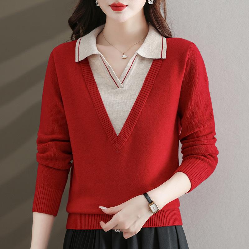 Fake Two Piece Knitted Sweater Women Fashion Lapel All Match V Neck Autumn Winter Pullover Top Casual Basic Sweaters