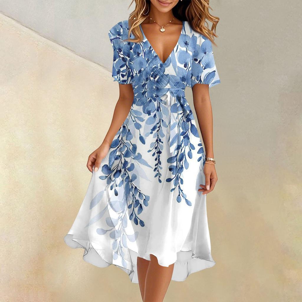 Women's Summer Fashion V-Neck Flared Dress Short Sleeve Floral Dresses