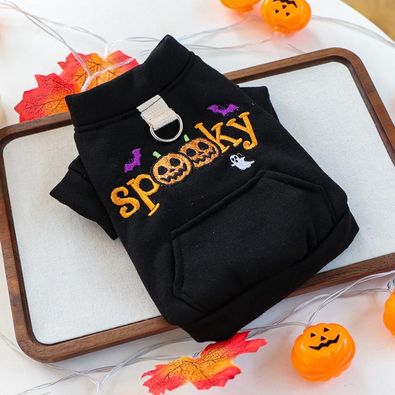 Halloween Pet Hoodie With Pumpkin Design Leash Ring Dogs Cats Winter Casual Costume