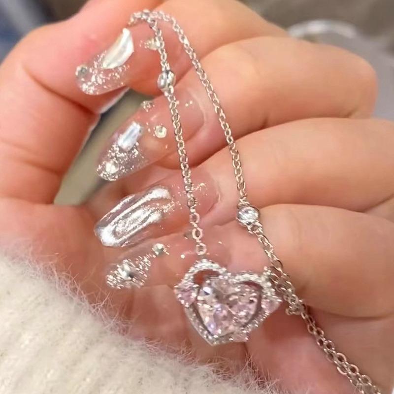 Корейская мода Розовый Хрустальный Кулон Сердце Ожерелья Женские Девочки Y2K Сверкающий Стразы Фея Ключица Цепочка Украшения Подарки