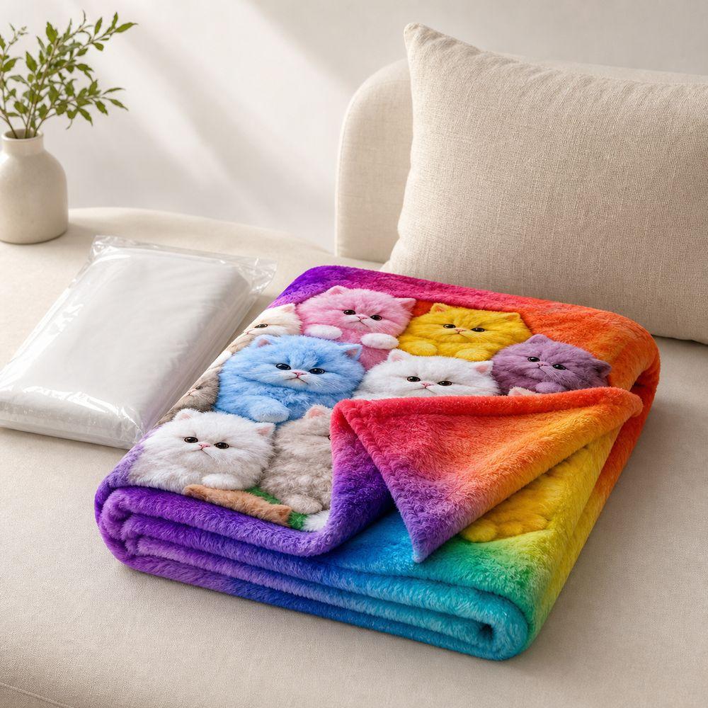 150x130cm Plush Blanket Rainbow Gradient Nap Blanket Cat Print Blanket for Kids Room Home Travel
