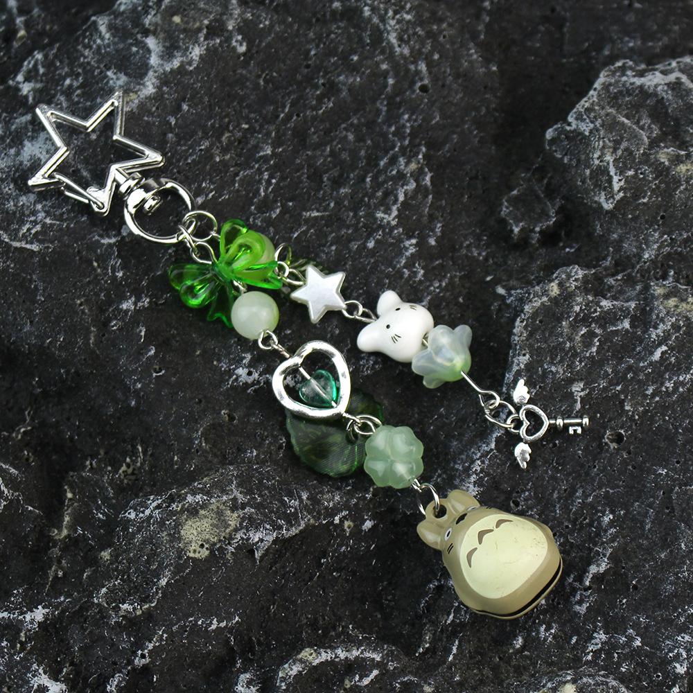 Handmade Cat Phone Chain Charm Fairy Core Four Leaf Clover Beaded Keychain Cute Ceramics Cat Keychain Bag Key Ring