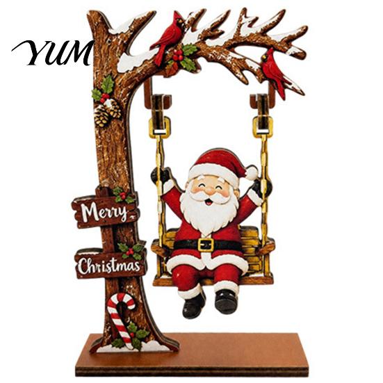 Christmas Wooden Ornaments Ornaments, Santa Snowman Figurine with Moving Natural Wood Tabletop Figurines Swing, Rustic Holiday Centerpiece for