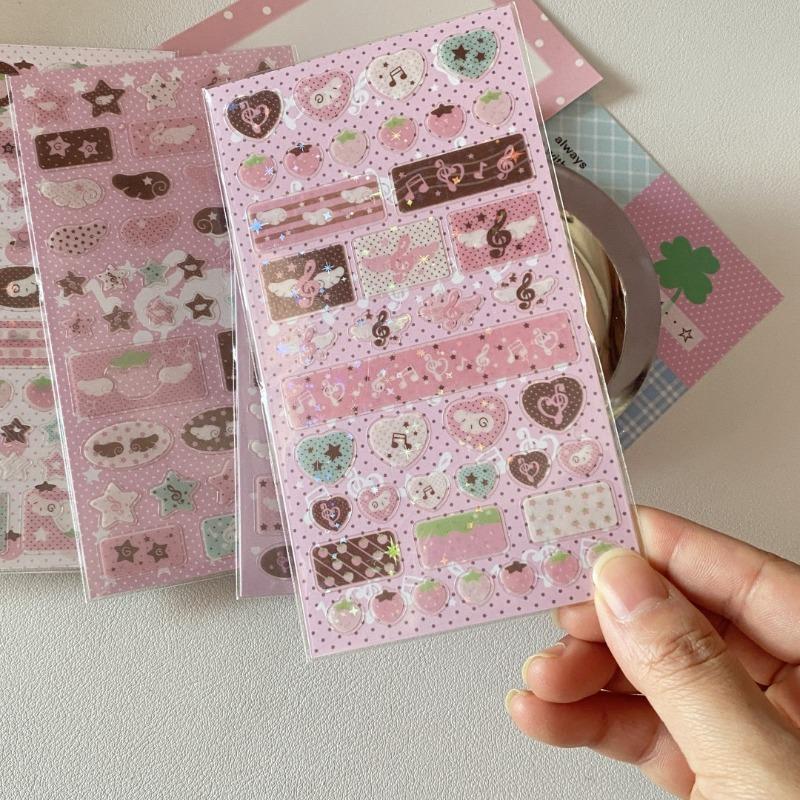 Милые розовые наклейки со звездами в стиле Y2K, блестящие наклейки с музыкальными нотами, скрапбукинг для чехла телефона, DIY, кавайный декор для девочки, лазерные декоративные наклейки