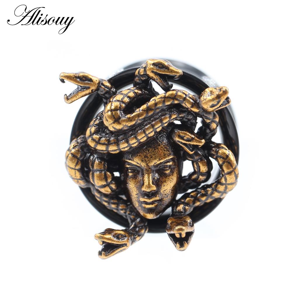 Alisouy 2PCS Нержавеющая сталь Змеиное лицо Череп Ушные туннели Заглушки Расширитель Расширитель Расклешенные Измерители Серьги Пирсинг Украшения для тела