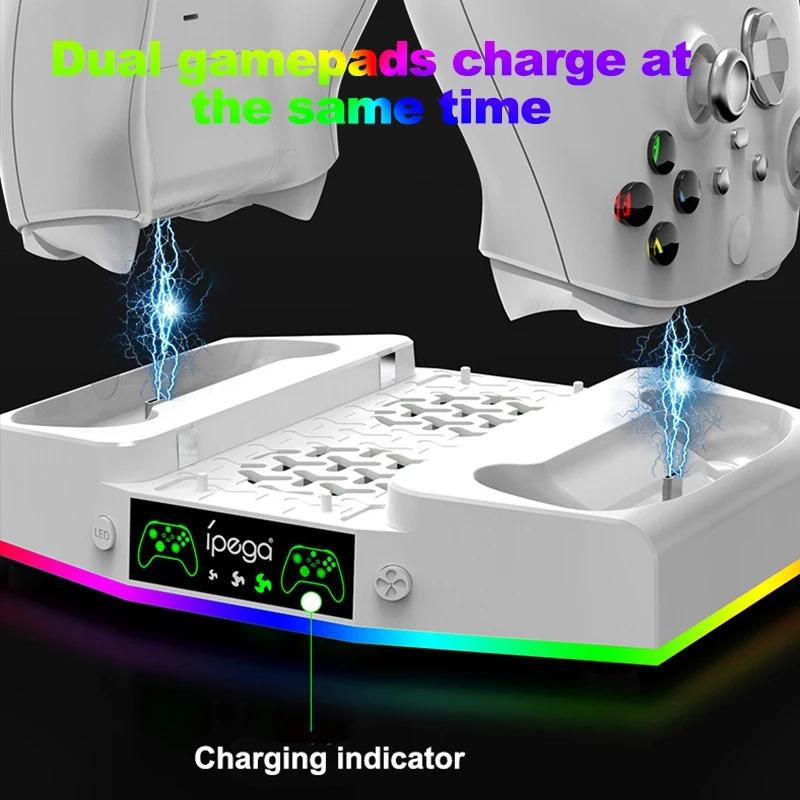 Охлаждающая подставка и зарядная станция для Xbox Series S с RGB-подсветкой, быстрой зарядкой с 2 аккумуляторами емкостью 1400 мАч, креплением для наушников