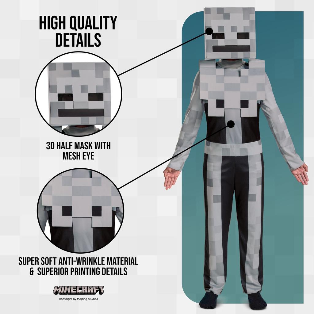 Disguise Minecraft Skeleton Costume Kids Video Game Inspired Character Outfit Classic Kids Size S Gray (4-6)