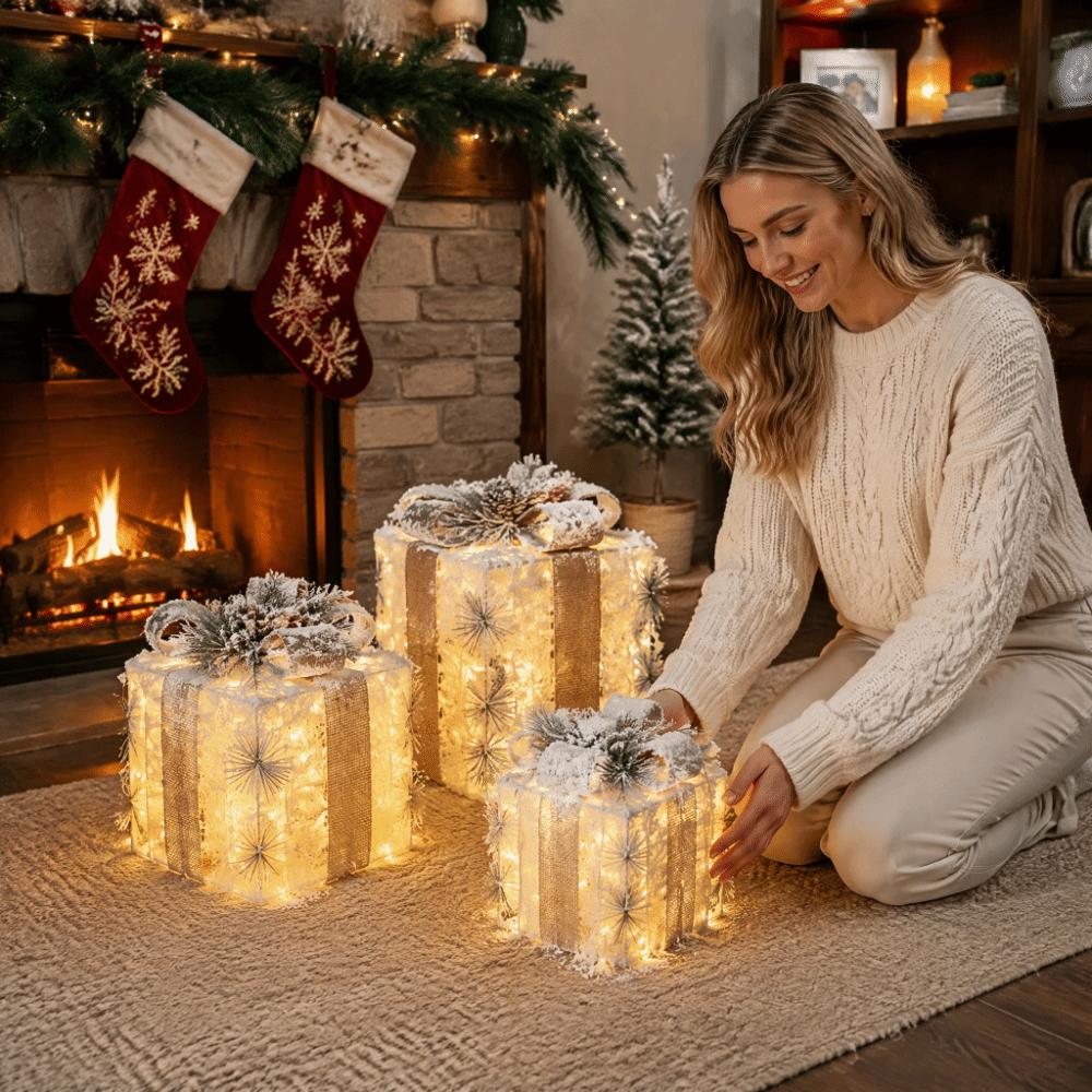 3pcs Plush Design Christmas Light Up Boxes Christmas Decoration Ornament Christmas Decoration