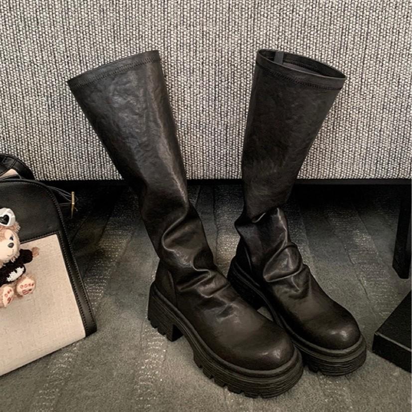 Сапоги Su Yinyin из коровьей кожи того же стиля, толстые подошвы, толстые каблуки, плиссированные, средние и высокие эластичные штабелируемые сапоги, женские сапоги