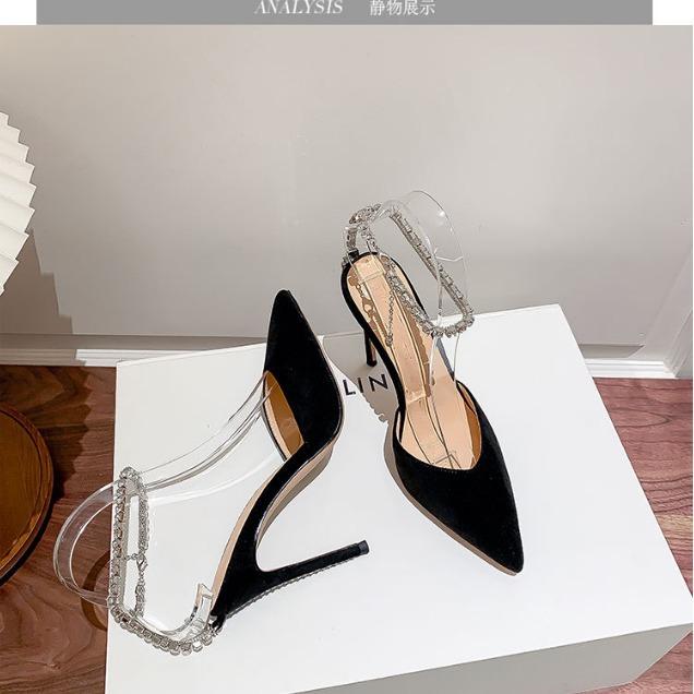 2024 new summer and autumn Korean version women's sandals thin heel pointed one-word buckle with suede hollow bag head pearl high heels