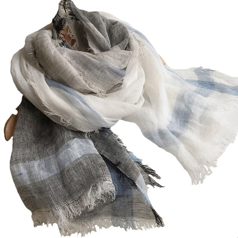 Japanese Simple Gray And White Color Matching Linen Scarf Casual Rough Edge Cotton And Linen Shawl, Warm Autumn And Winter Versatile Silk Scarf