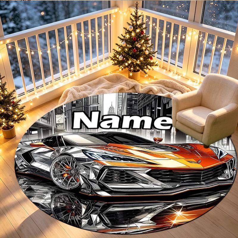 Custom Name Personalized Sports car Print Round Rug, Versatile Home Decor Carpet, for Playroom, Apartment, Balcony, Entryway, Hallway Gift