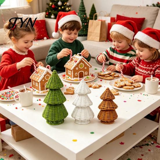 Rustic Christmas Shop Props Handwoven Rattan Tree, Cone Xmas Tree Tabletop Ornament, Holiday Window Display Centerpiece for Mantel Fireplace