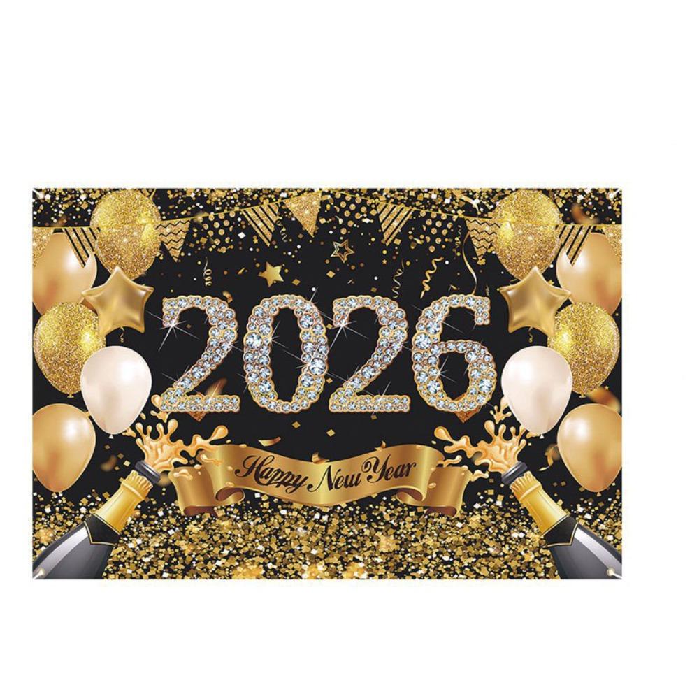 Shiny 2026 New Year Backdrop Banner Colorful Balloon Black Gold Photography Background Letter Champagne Celebration Banner Event