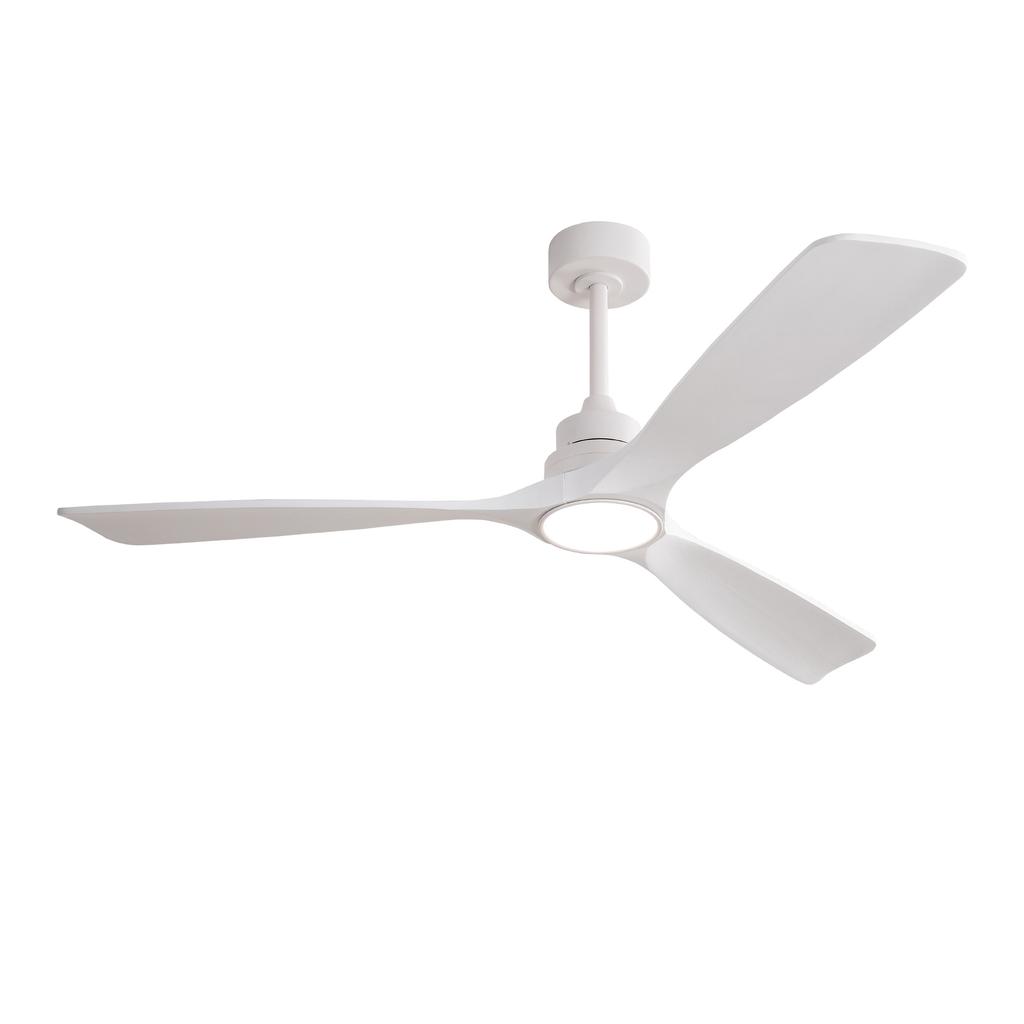60-inch ceiling fan in white, three-blade, wood propeller blades, remote control, 3CCT, Reversible DC Motor, Six Speed Settings, and Power-Off Memory