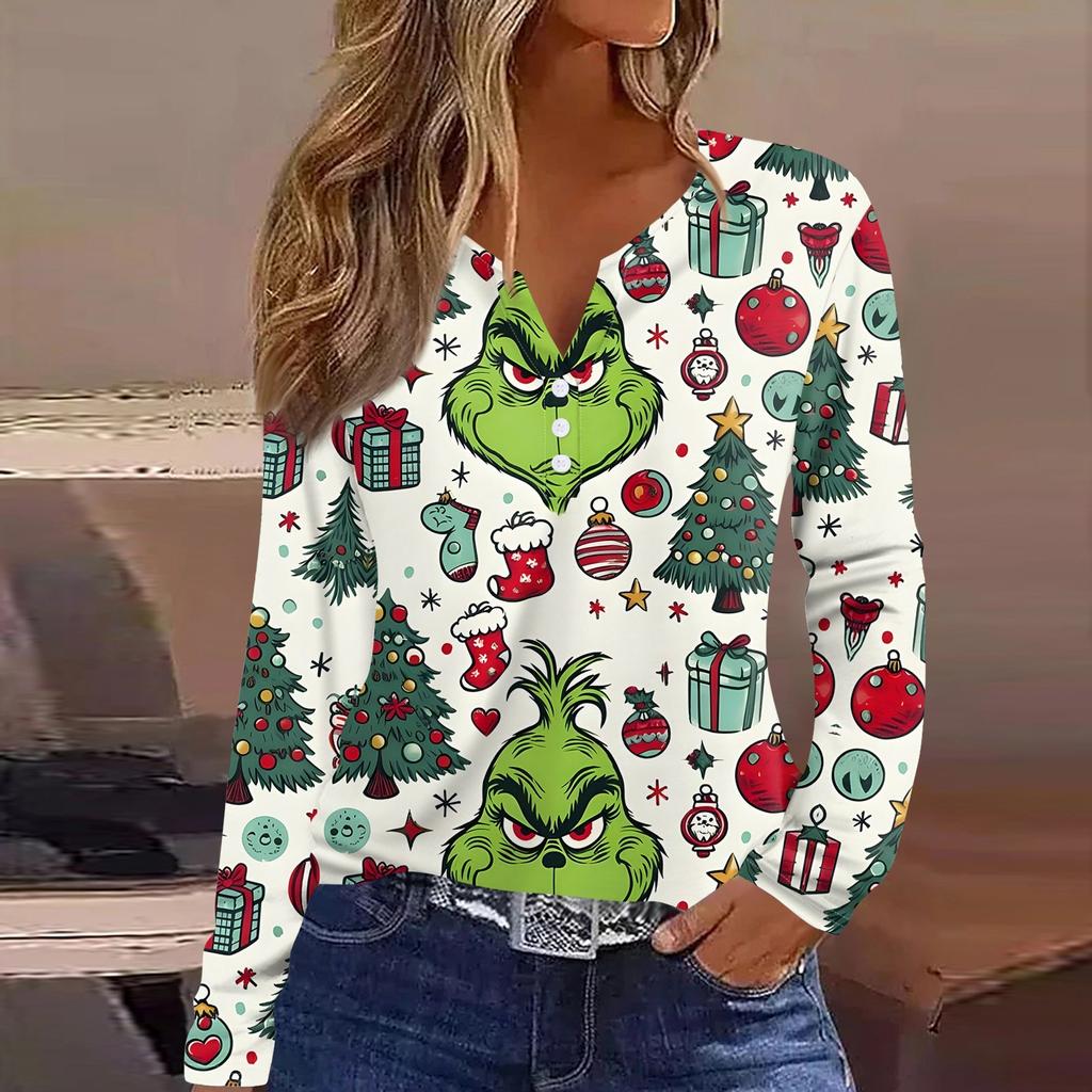 Женская футболка с рождественским принтом на пуговицах с длинным рукавом, повседневная, выходного дня, модная, базовая, с V-образным вырезом, обычная