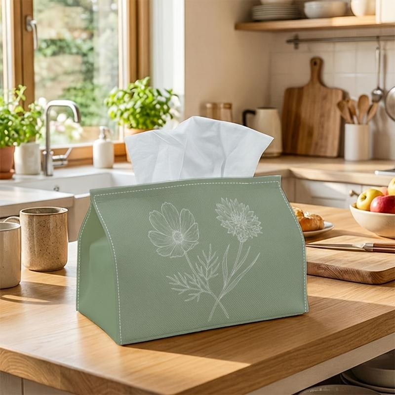 1pc Minimalist Floral Line Tissue Holder - Sage Green Botanical Napkin Storage Container, Ideal for Rolls/Facial Tissues/Single Sheets, Available in T