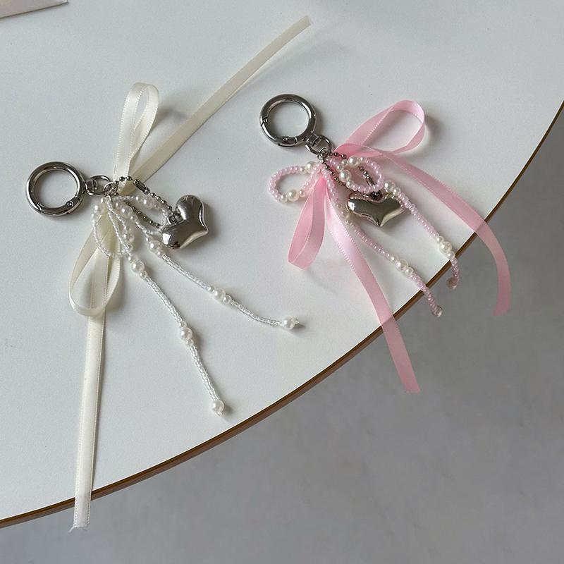 Imitation Pearl Bow Key Ring Ribbon Beaded Keychain Korean Style Hanging Accessories Y2K Heart Bag Pendant School