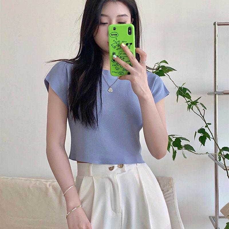 Женская летняя повседневная футболка с коротким рукавом и круглым вырезом, однотонная футболка с голым животом, укороченный топ