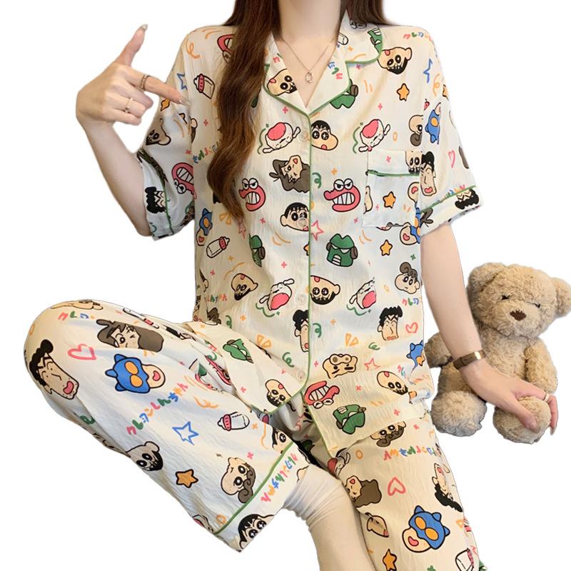 Japanese Cute Fun Cartoon Crayon Small New Cloud Cotton Pajamas Women'S Summer Short-Sleeved Trousers Set Loungewear