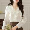 Новинка 2024 года, модная осенняя повседневная шифоновая блузка с длинным рукавом и оборками с V-образным вырезом, женская рубашка, топы, блузки, рубашки J426