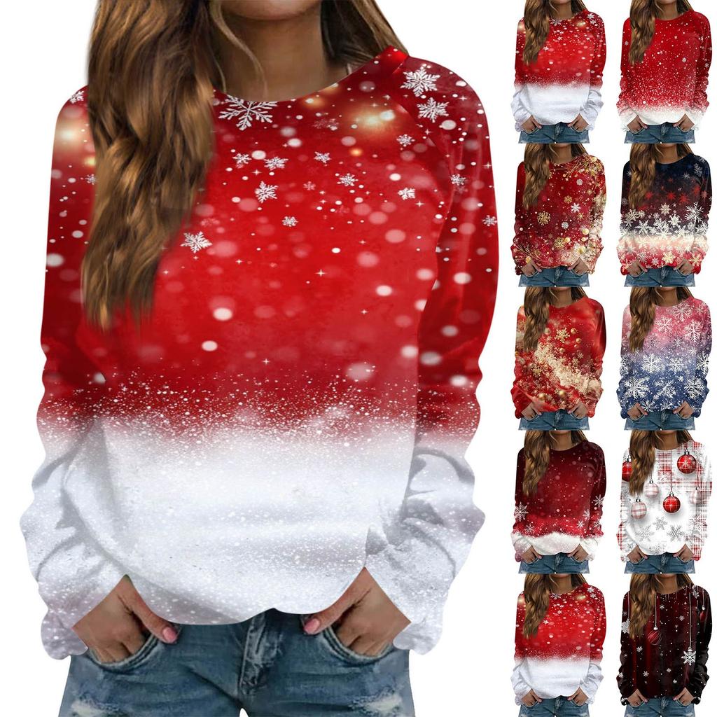 Women's Casual Fashion Christmas Print Long Sleeve Round Neck Pullover Top Blouse Sweatshirt