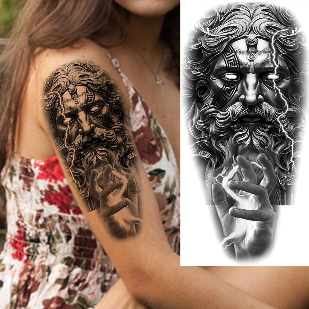 1 Sheet Realistic 3D Zeus Lion Warrior Temporary Tattoos For Men Women Adults, Long Lasting Waterproof Temp Fake Tattoo Stickers