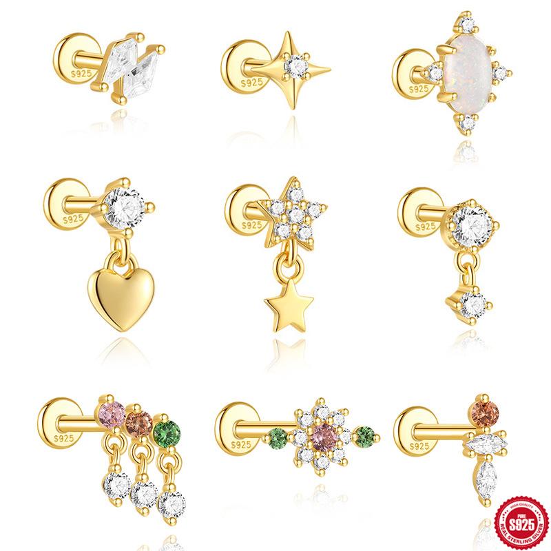 Серьги-пирсинг из стерлингового серебра S925 для повседневного ношения, спираль в хрящ, с четырьмя звездами, цветная, цветок, бриллиант, 2026