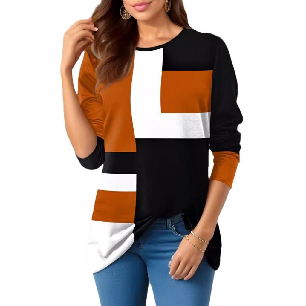 QICED Весна Осень Женская мода Позиционирование Печатная О-образная горловина Длинный рукав Футболка