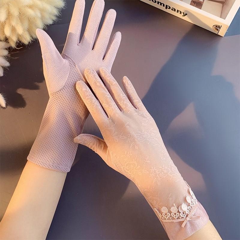Солнцезащитные кружевные перчатки, весенние перчатки с бантом, перчатки для сенсорного экрана, женские дышащие уличные перчатки для вождения, летние перчатки для велоспорта