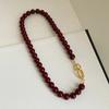 French Dark Red Agate Natural Stone Strand Beaded Necklace for Women Gold Plated Chain Double Toggle Clasp Circle Chokers