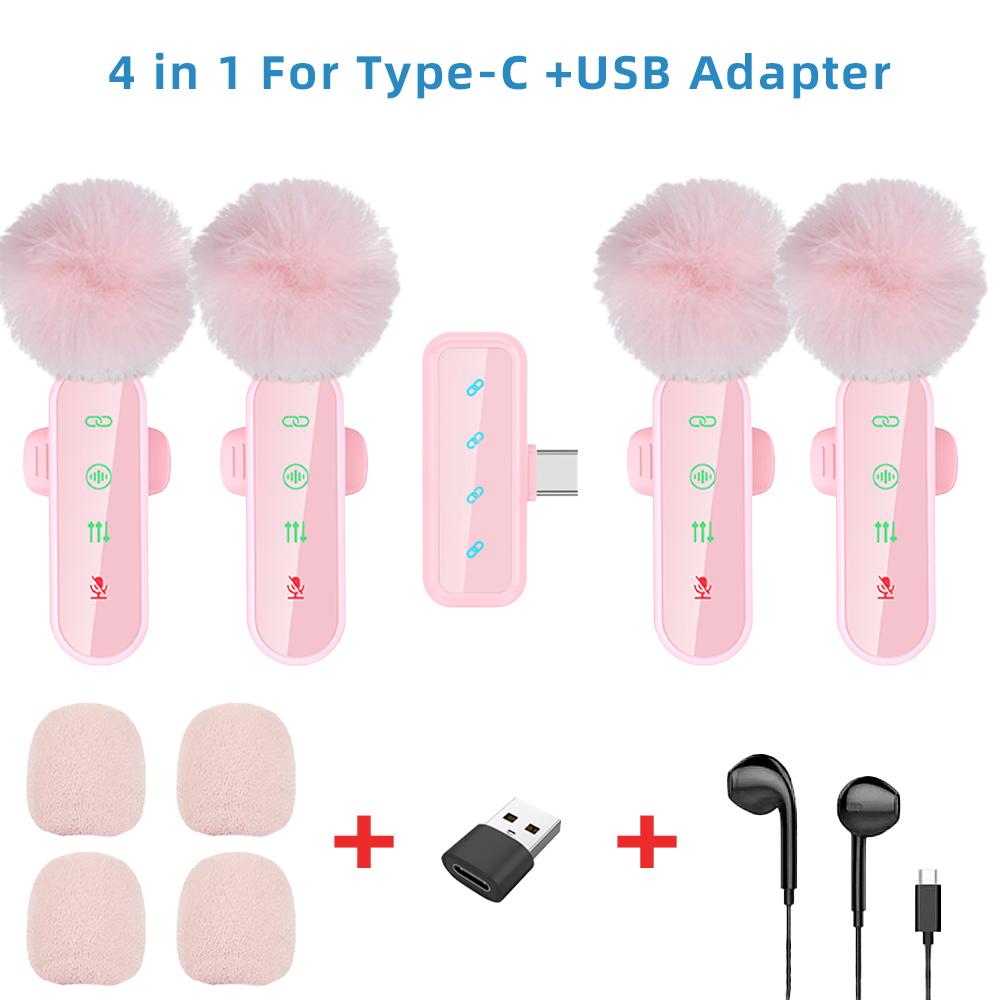 Pink 1 in 4 Lavalier Microphone Noise Cancelling Wireless With Wind Muff Lapel Mic For iPhone Android Camera 4 Pack LED Display 6