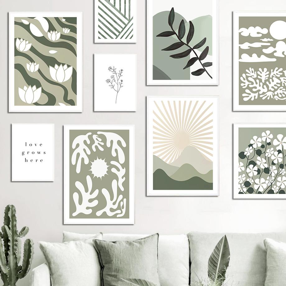 Sage Green Leaf Lotus Flower Sun Rainbow Posters Prints Canvas Painting Nordic Wall Art Pictures For Living Room Home Decor