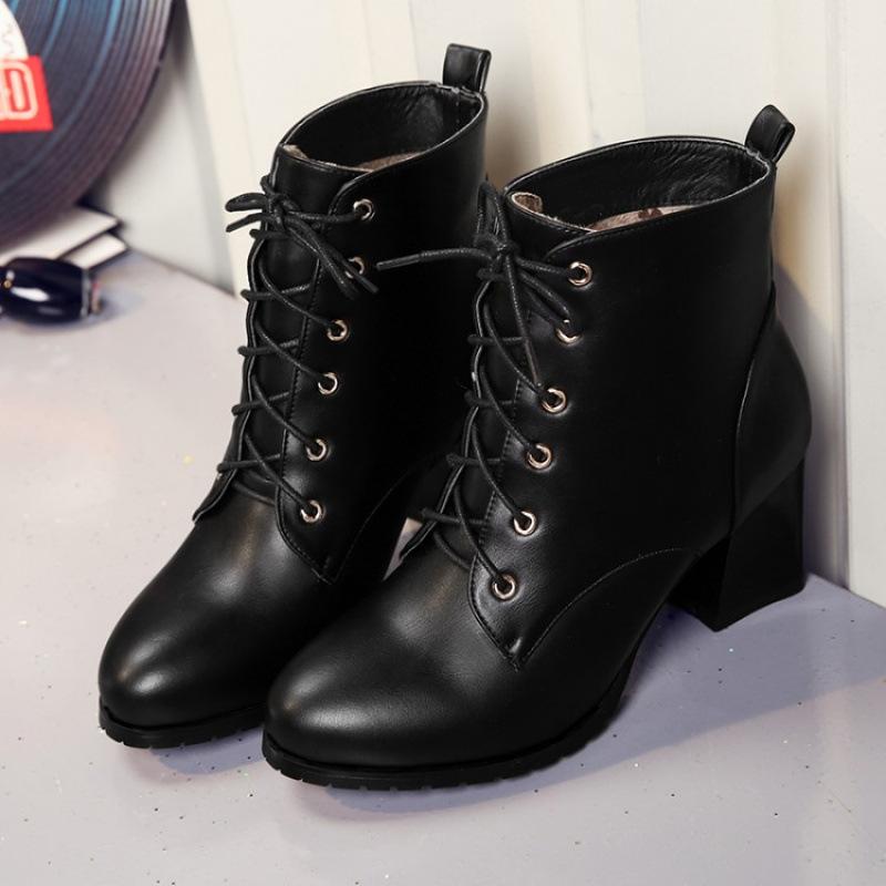 Осень и зима новые ботинки Мартин женские на шнуровке на высоком каблуке с круглым носком большого размера женские ботинки квадратный каблук удобные корейская версия низкие ботинки wome