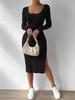 2025 Spring Autumn Fashion Knitted Ribbed Square Neck Dress with Slit