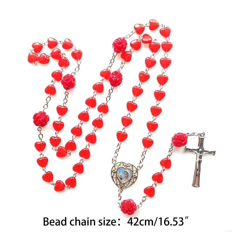62KD Red Hearts Catholic Rosary Necklace Beads Holy Figure Jesus Hanging Pendant Charm for Women Men Church Decoration Gift