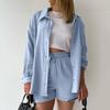 Women's Summer 2 Piece Outfits Long Sleeve Button Down Blouse And Drawstring Shorts Sweatsuit Set Casual Cotton Lounge Suit