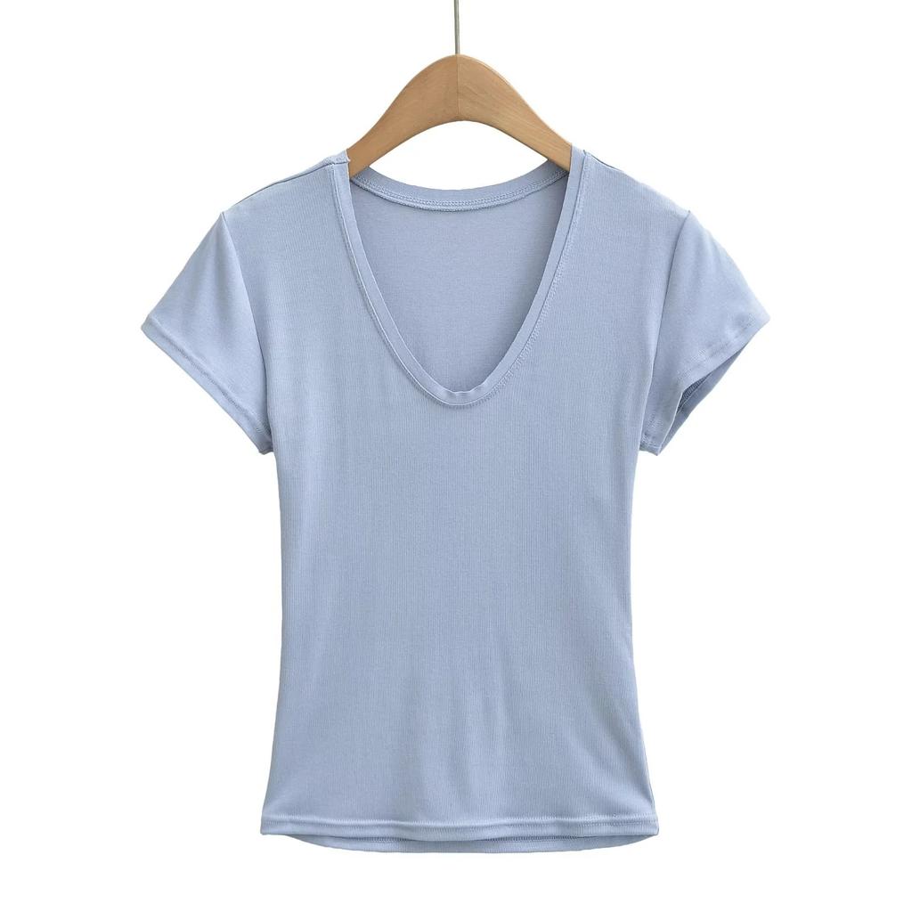 Deep V-neck front shoulder short-sleeved T-shirt women's summer new American Spice Girl style solid color slim-fitting and thin bottoming top