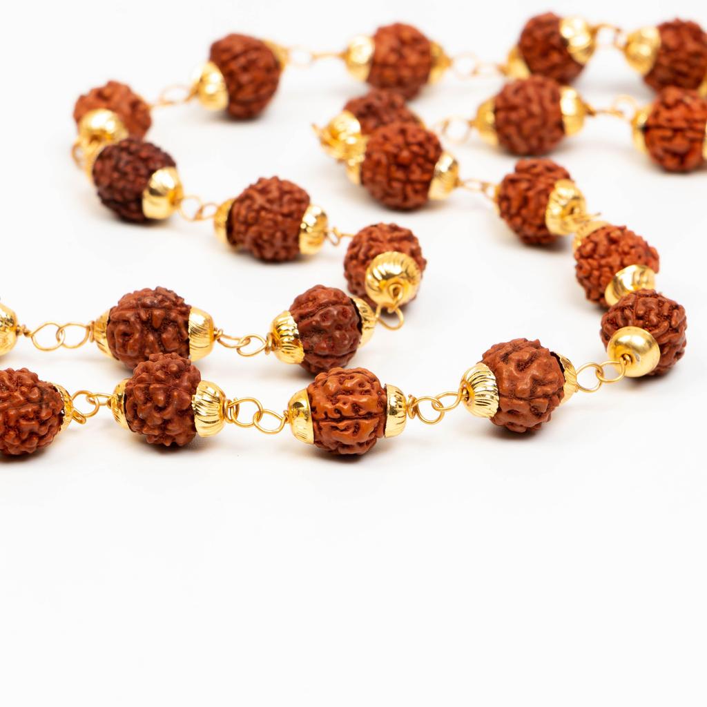 Rudraksha Mala with Brass Caps & Shiva Trishul | Natural Rudraksha Beads Necklace | Hindu Prayer Jewelry | Healing Mala | Unique Religious Gift