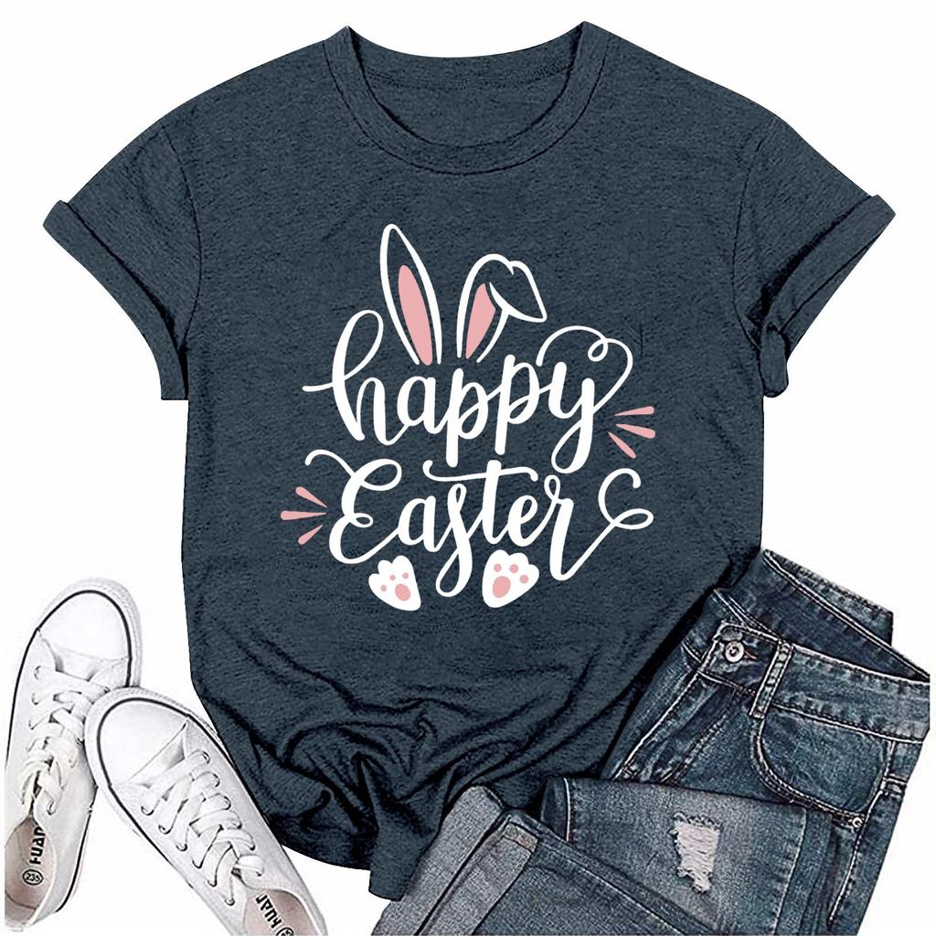 Женская модная пасхальная принтованная повседневная плиссированная круглая футболка с коротким рукавом