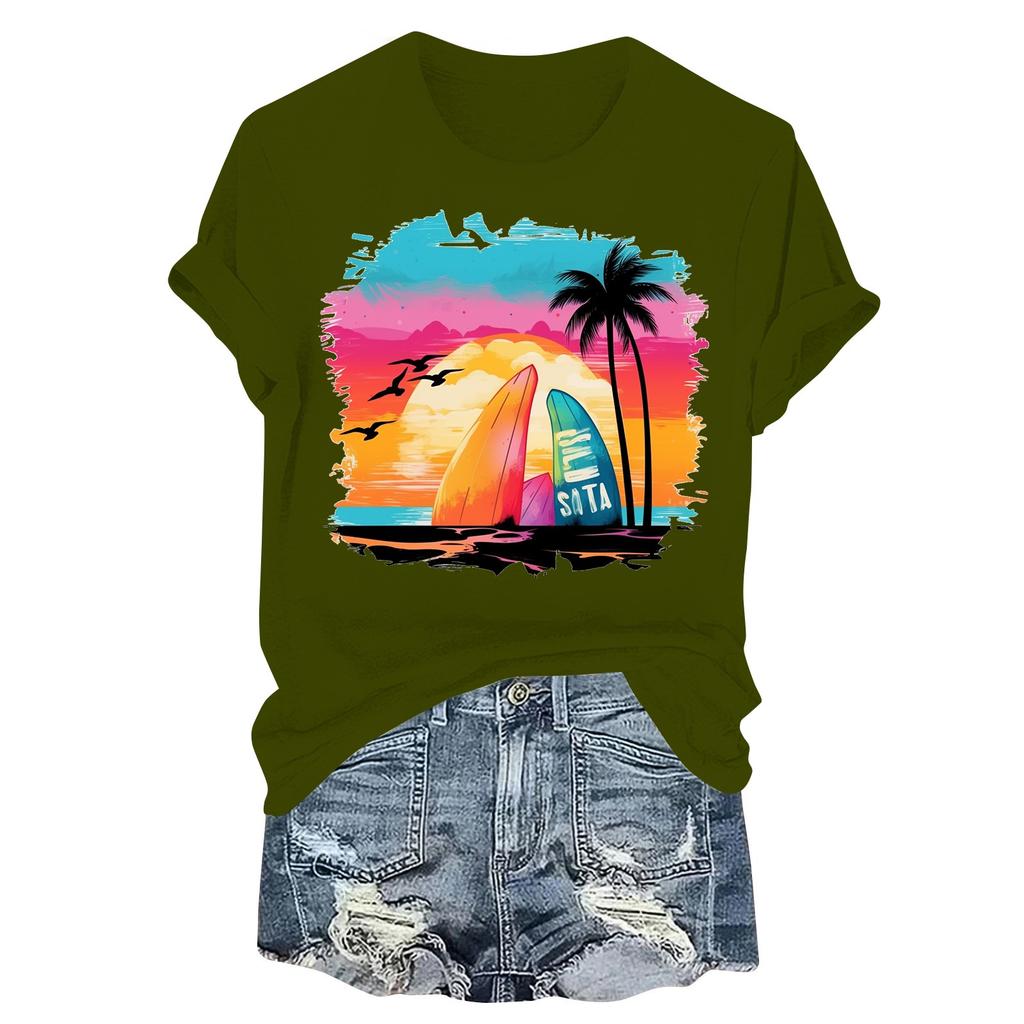 Women's Fashion Printed Casual Pleated Round Short Sleeve T-Shirt Top