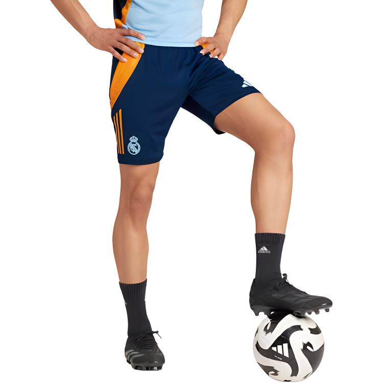 adidas SS24 Real Madrid Series Color Block Striped Удобные модные дышащие футбольные брюки мужские низы темно-синего цвета IT5105