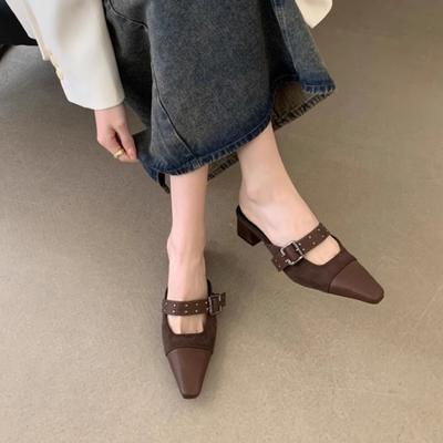 Низкие Чехлы на Обувь Носок Женские Тапочки Квадратный Каблук Шлепанцы Средние 2025 Блок PU Ткань Рим Копытце Каблуки Резиновая Обувь Низкий Носок Квад