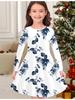 Girls' Autumn and Winter Fashion Dress, 3D Flower Print Round Neck Long Children's T-shirt Dress, Casual Versatile, Christmas Clothing